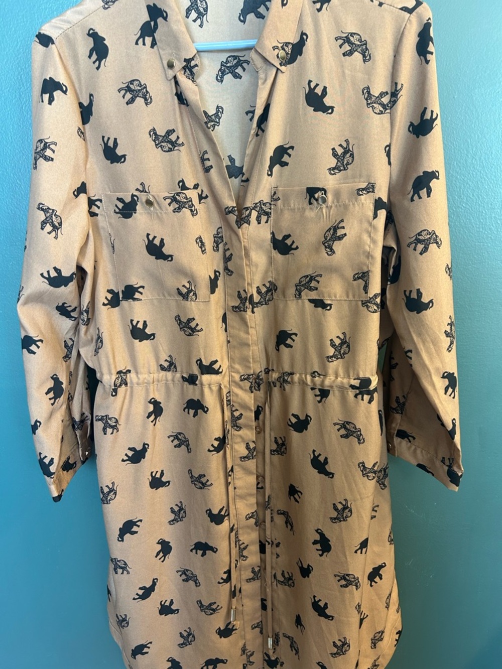 Spense Beige Shirt Dress with Black Elephant Print